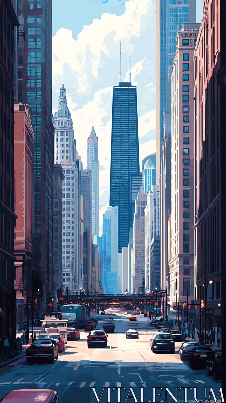 Urban canyon skyline with traffic under bright daylight.