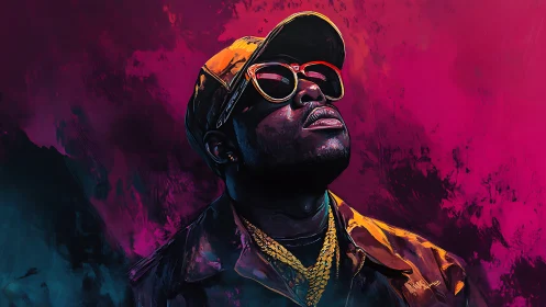 Neon-lit hip-hop portrait in bold magenta and cyan glow.