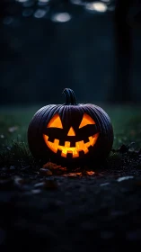 Glowing jack-o’-lantern under moody twilight bokeh glow.