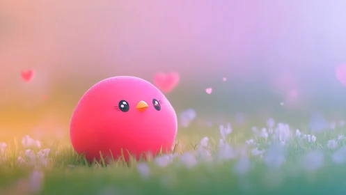 Pink round bird in dreamy meadow with floating hearts.
