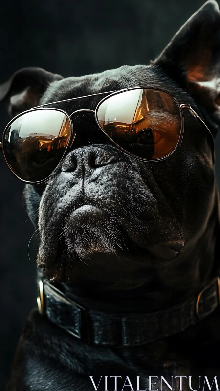 Black bulldog wears mirrored aviator sunglasses portrait.