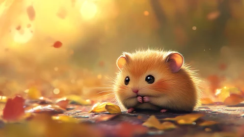 Fluffy autumn hamster cuddled in a golden leaf-strewn glow.