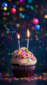 Birthday Cupcake With Lit Candles Against Magical Bokeh