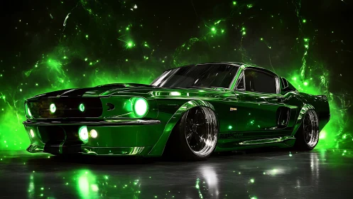 Emerald muscle car glows against neon cosmic energy field