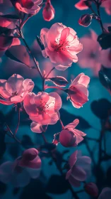 Bioluminescent Cherry Blossoms Under Teal Illumination.