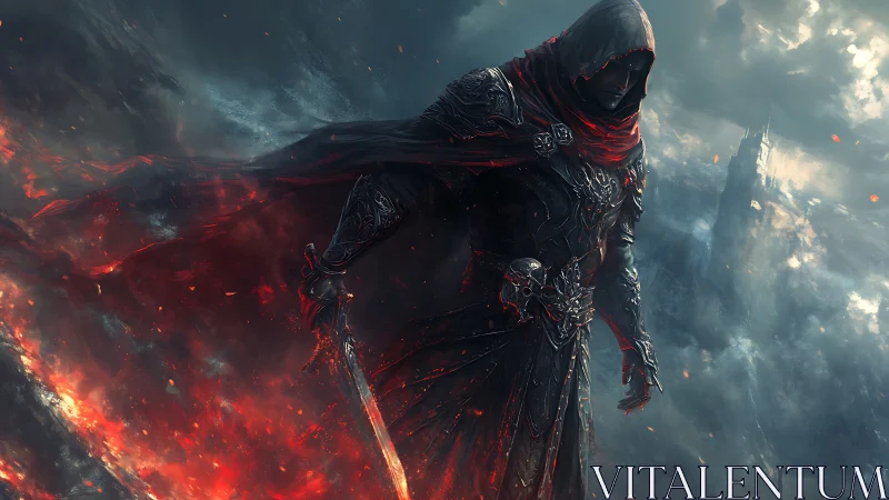 Hooded infernal knight strides through molten stormscape.