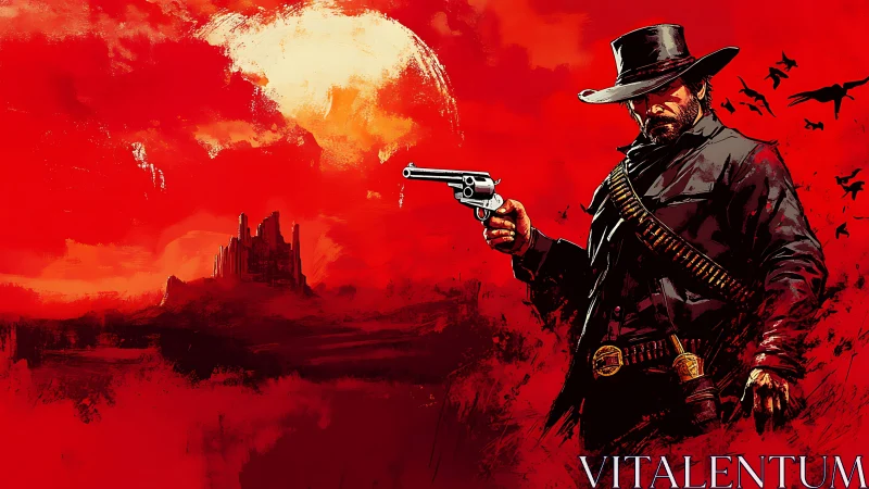 Lone gunslinger framed by a blazing red frontier sky.