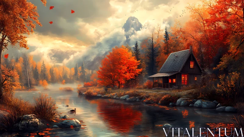 Cozy riverside cabin glows warmly in a misty autumn valley