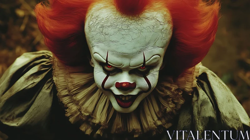 Photorealistic horror clown portrait with dramatic overhead view.