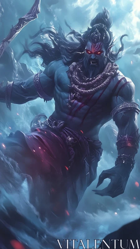 Mythic blue warrior figure with glowing red eyes in mist.