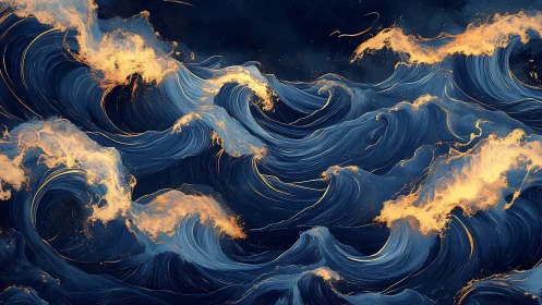 Fiery golden crests overlay stylized deep blue ocean waves