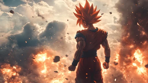 Explosive sky warrior in high-dynamic anime battleground scene.