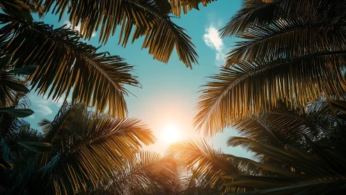 Palm fronds forming canopy around low sun in clear sky.