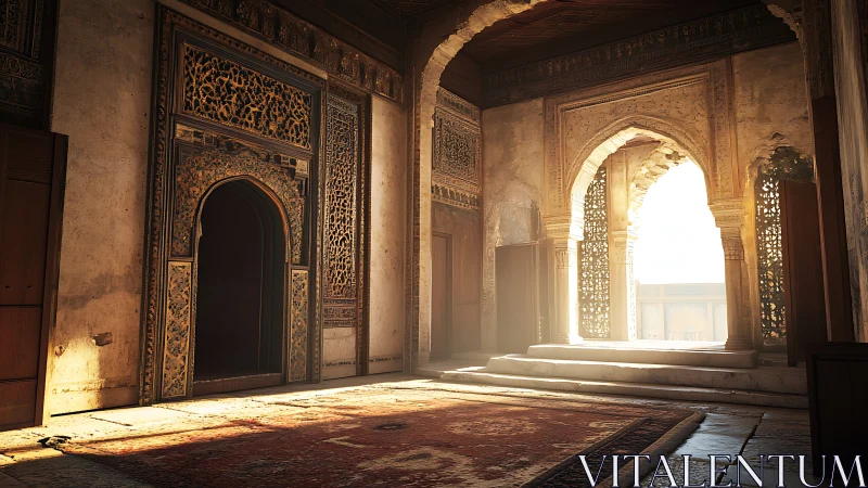 Sunlit historic hall with ornate arched doorways and rug.