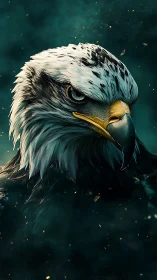 Regal eagle portrait glowing against deep teal mist.
