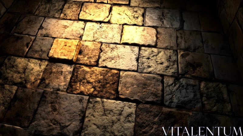 Ancient stone floor with dramatic lighting and textured details.