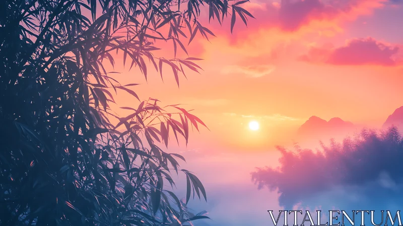 Bamboo silhouettes framing pastel sunrise over misted lake.