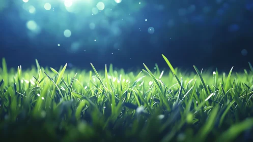 Close view of sunlit grass blades with soft bokeh glow.