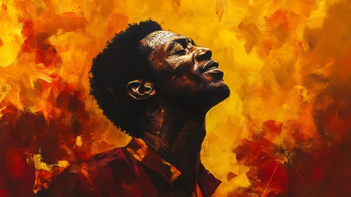 Man looking upward against vivid yellow and red background.