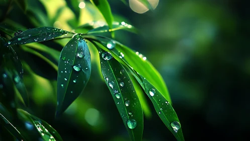 Rain-kissed emerald leaves holding tiny glassy worlds.