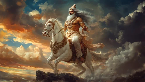 Mythic warrior on white stallion against storm-lit sunset sky