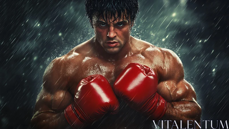 Muscular Boxer in Red Gloves Positioned Against Dramatic Rainfall.
