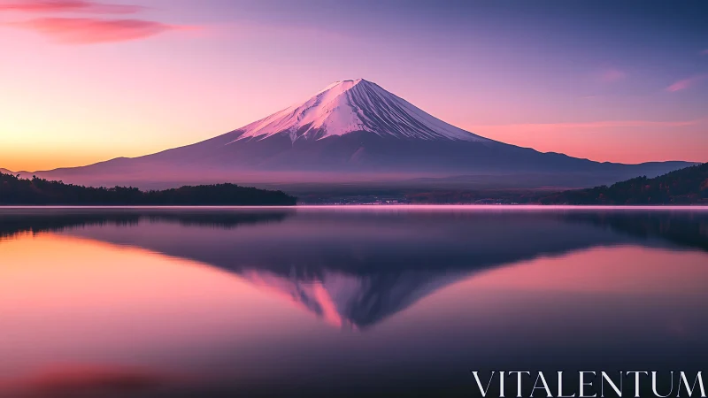 Snow-capped conical mountain is reflected in still lake water