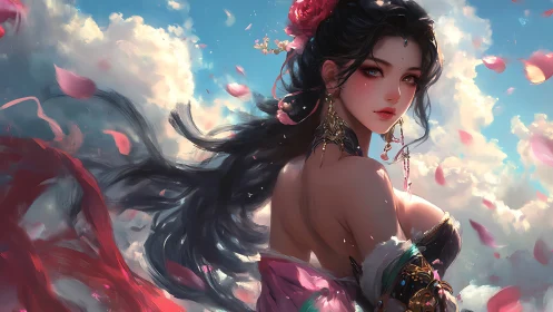 Elegant fantasy maiden turns amid swirling cherry petals