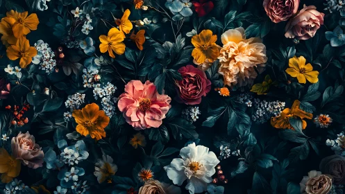 Botanical floral arrangement with dark background and mixed flower species.