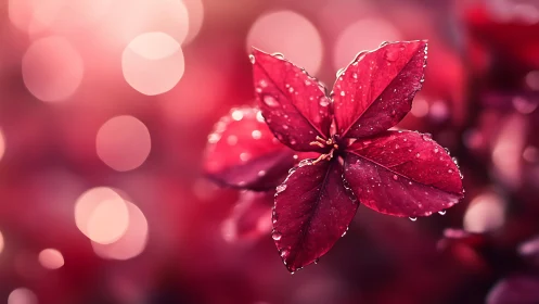 Crimson blossom glows among bokeh-lit drops of morning dew.