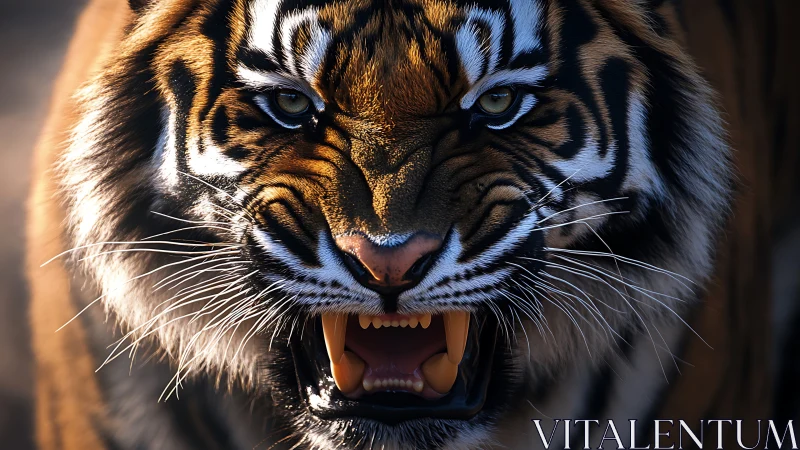 Snarling tiger locks eyes with viewer in tense close-up