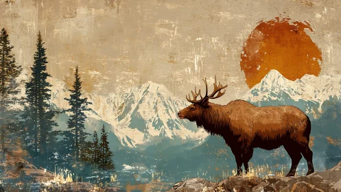 Elk sentinel beneath rusted sun over misty alpine range.
