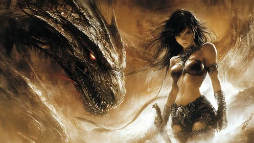 Warrior queen commands dragon amid blazing stormlight.