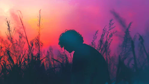 Silhouetted figure in neon-gradient dusk field environment.