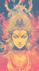 Symmetrical deity portrait in ornate line-based composition.
