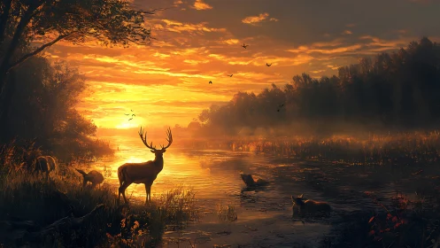 Deer stand in shallow river water under intense sunset light