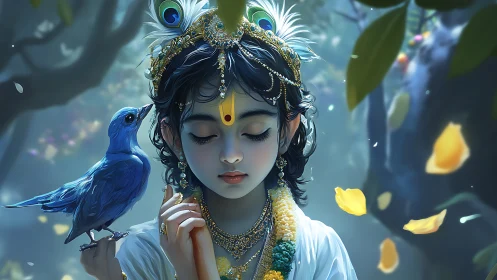 Forest child deity with blue bird in luminous petals.