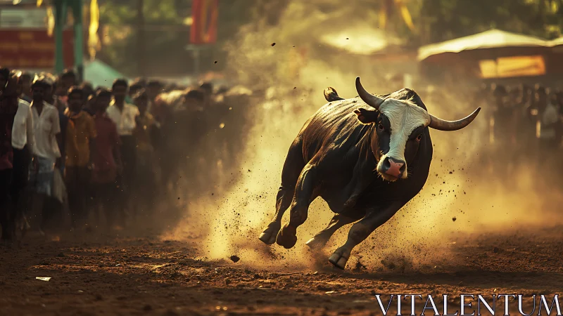 Powerful bull charges forward as excited crowd looks on