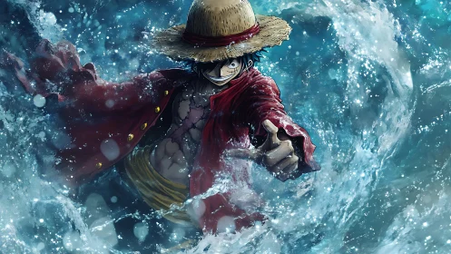 Straw-hatted storm dancer punching through tidal chaos.