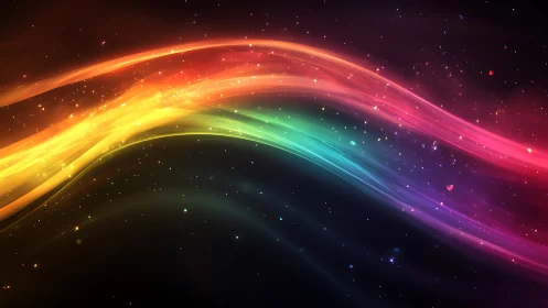 Curved multicolor light bands over dark space backdrop.