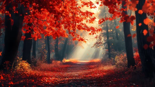 Autumn's Crimson Cathedral: Light Through Falling Fire.