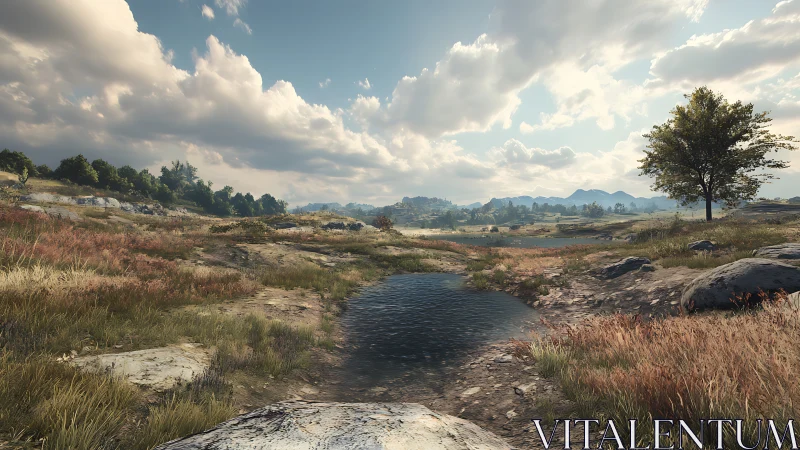 Procedurally rendered wetland valley with volumetric cloudscape