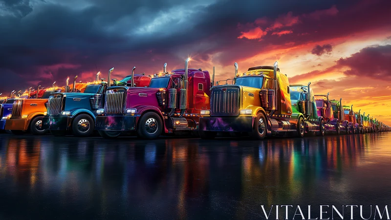 Chromatic convoy of glossy semi trucks under burning skies.