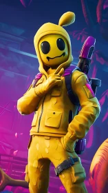 Yellow cartoon character in hoodie poses with neon weapon