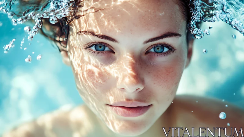 Close-up submerged face with water surface reflections.