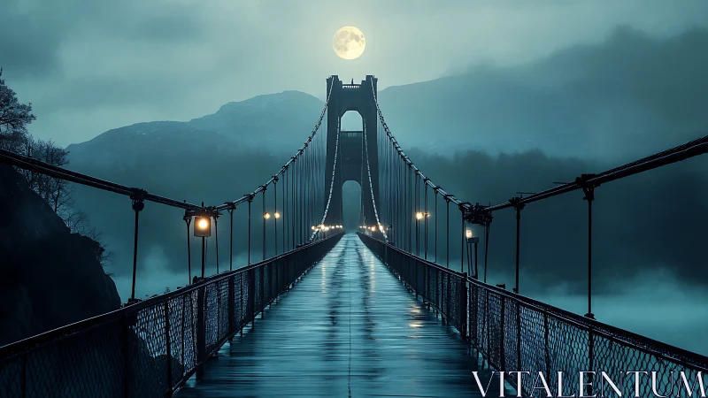 Moonlit suspension bridge stretches into misty mountains.