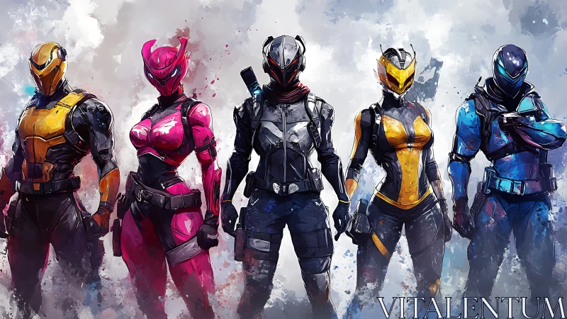 Vibrant cyber squad in stylized tactical exosuits lineup.