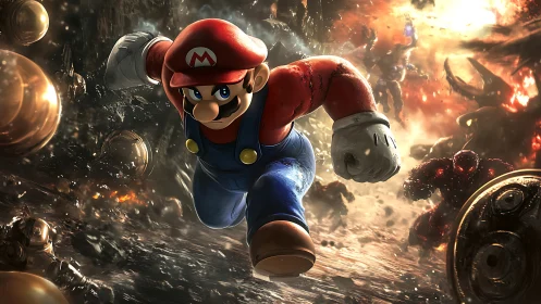 Heroic plumber charges through chaotic fiery battlefield.