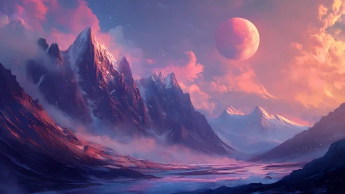 Celestial crimson moon over iridescent alpine canyon vista.