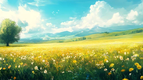 Sunlit wildflower kingdom under wandering cotton clouds.